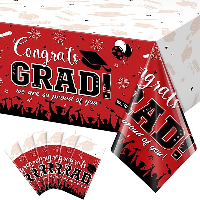 6 Pack Graduation Tablecloth Party Decorations, Class of 2026 Congrats Grad Plastic Tablecover Party Supplies, Red Rectangle Graduation Table Decorations for College High School Party, 54 x 108 Inch