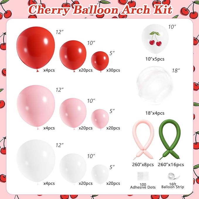 JOGAMS 181Pcs Cherry Balloon Arch Garland Kit, Cherry Party Decorations with Clear Green Pink 260 Balloons for Cherry On Top Baby Shower Birthday Bridal Shower Wedding Galentine's Valentine's Day