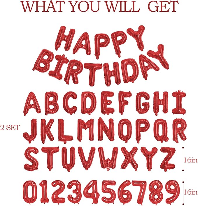 75pcs 16" Happy Birthday Balloon Banner, Red Balloons Letters, Personalized Mylar Foil Birthday Decorations includes 2 Sets A- Z, 1 set Number 0-9 "HAPPY BIRTHDAY" letters