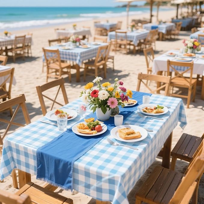 3 Packs Sky Blue Checkered Tablecloth 54 x 108 Inch Waterproof Rectangular Plaid Tablecloth Disposable Plastic Table Cover for Holiday Birthday Party