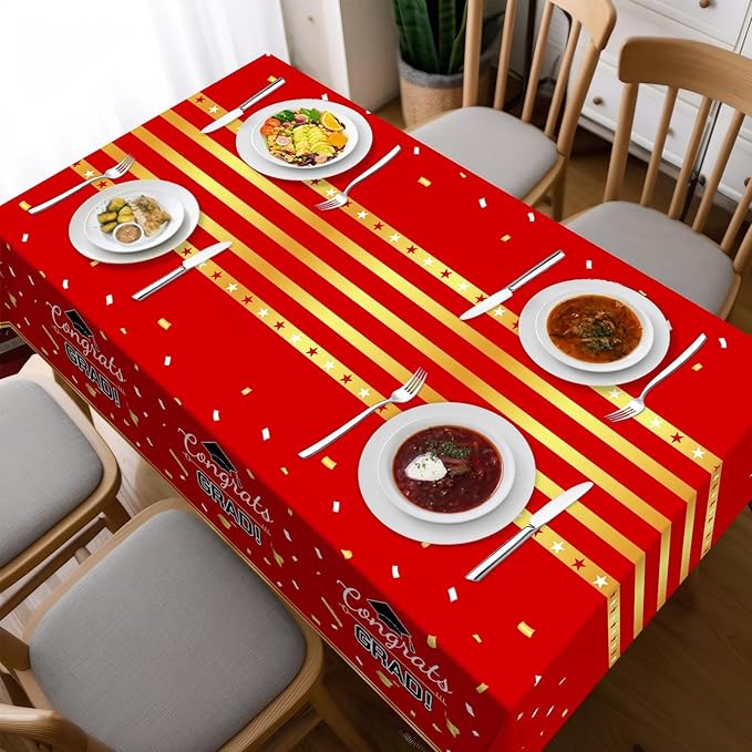 Childom 3 Pack Graduation Tablecloth,Graduation Decorations Class of 2026 Graduation Party Decorations,54"x108" Red and Gold Plastic Table Cloth Disposable Rectangle for Home,School,Party Supplies