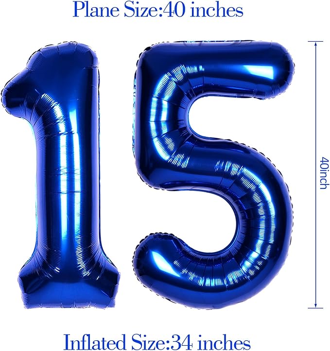 40Inch Navy Blue Number 15 Balloon Large Helium Royal Blue Number Balloons 0-9 Giant Digital 15th Foil Mylar Big Party Balloon for Boy Birthday Party Anniversary Graduation Decorations