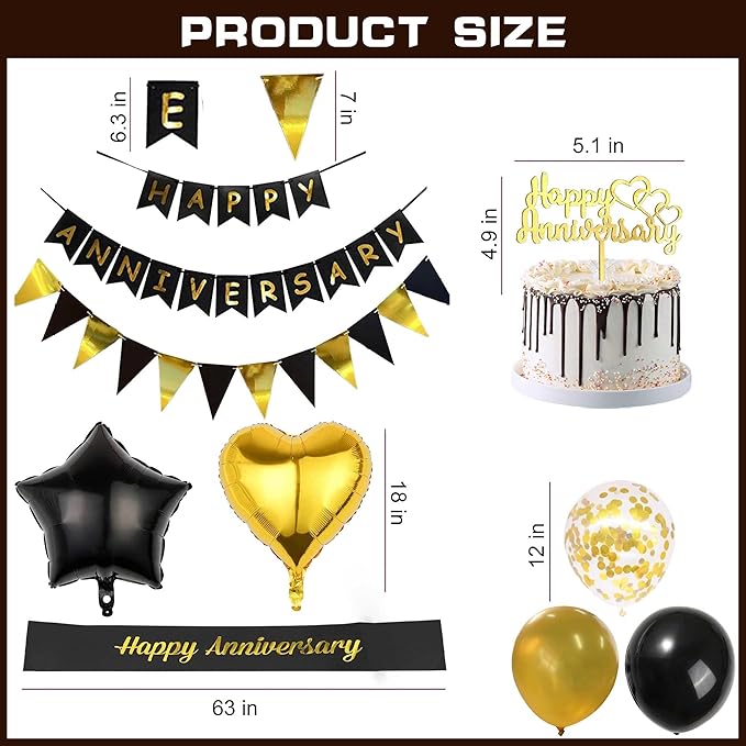 Happy Anniversary Decorations Kit - 26 Pcs Black Gold Birthday Banner Supplies Cake Topper Foil Latex Ballons Glitter Shoulder Strap Decor for Men and Women Wedding Party Decoration