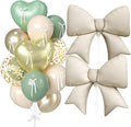 Sage Green and Gold Heart Balloons, 38 Inch Bow Balloons, Sage Green Sand White Champagne Gold Confetti Balloon and Bow Heart Shaped Foil Balloon for Birthday Wedding Baby Shower Valentines Decor