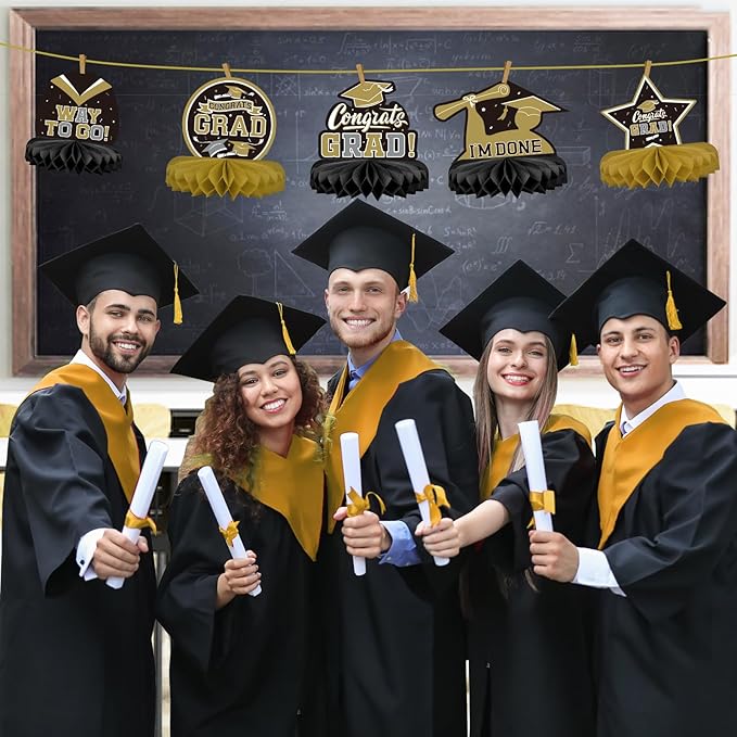 9PCS Graduation Party Decorations Class of 2026 Congrats Grad Table Centerpiece Congratulate Graduation Honeycomb Table Toppers for Graduation Party Supplies(Black）