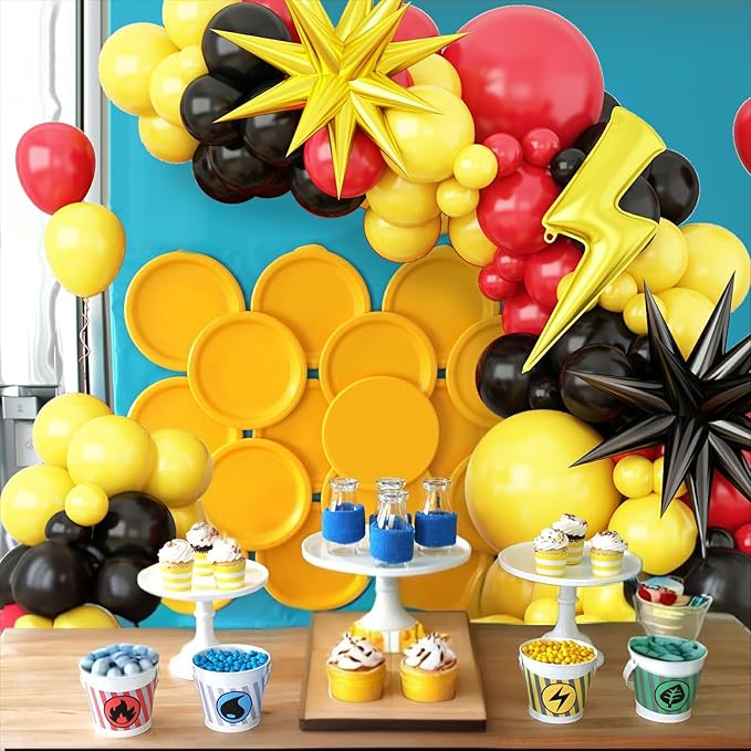 Red Black Yellow Balloons Arch Garland Kit, Cartoon Birthday Party Balloons with Lightning Star Balloons for Cartoon Theme Birthday Baby Shower Party Decor
