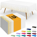 Smiry Disposable Table Cloth - 15 Pack, 54 x 108 Inch Waterproof Rectangle Tablecloths for New Years, Decorative Plastic Table Cover, Leakproof & Sturdy, White & Gold