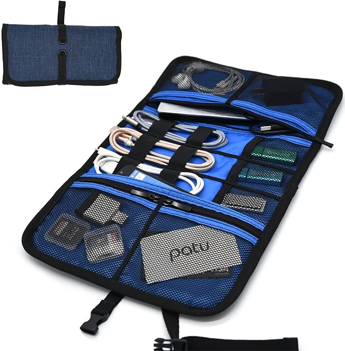 Patu Roll Up Electronics Accessories Travel Gear Organizer Case, Portable Universal External Batteries Hard Drives Cables Cosmetics Kit Bag, Navy