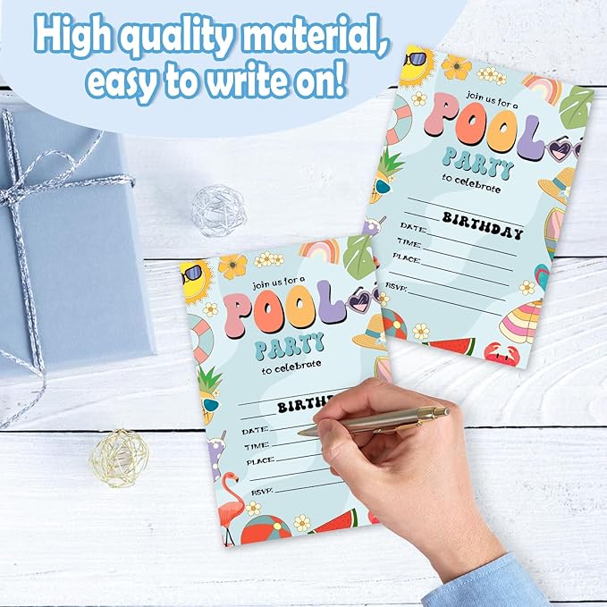 Pool Birthday Invitations, 25 Summer Party Invites Cards with Envelopes, Double-Sided Fillable, Birthday Invitations for Teens Adults, Birthday Party Supplies (4 x 6 Inch) -A06