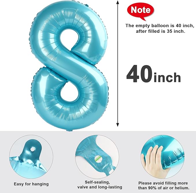 40 Inch Number 8 Balloon, Pearl Blue 8 18 28 80 Birthday Balloons for Men Boys, 8th Birthday Decorations Party Supplies, Wedding, Graduations