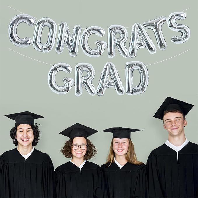 TONIFUL 2026 Congrats Grad Balloons - 16 Inch Silver Congrats Foil Balloons Banner Reusable Material for Graduation Party Graduate Congratulations 2026 Congrats Grad Decorations
