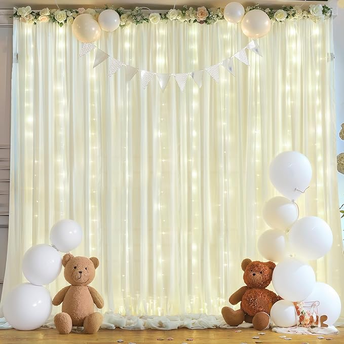 10ft x 10ft Beige Chiffon Backdrop Curtain with Lights String for Parties,2 Panels Sheer Chiffon Curtain Wedding Backdrop with Lights for Baby Shower Birthday Party Ceremony Reception Home Decorations