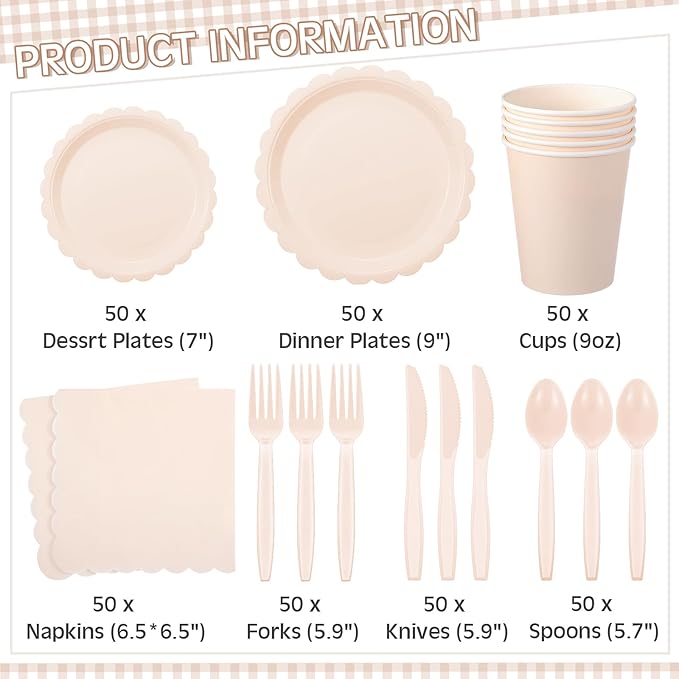 350 Pcs Ivory Plates and Napkins, 50 Guest Cream White Party Supplies Include Scalloped Paper Plates Napkins Cups Plastic Spoons Forks Knives Disposable Tableware Set for Weeding Bridal Shower