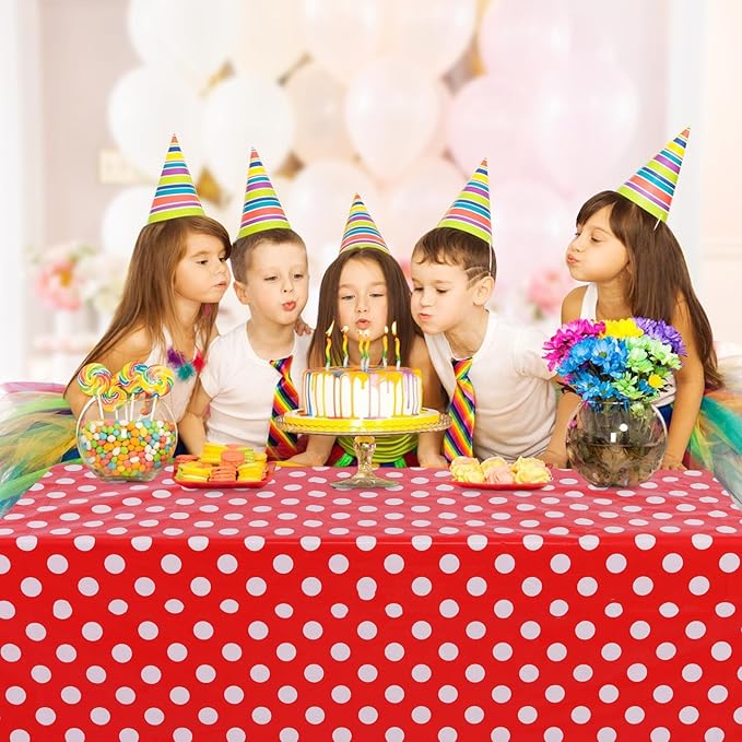 Kesfey 5 Packs Red Polka Dot Plastic Tablecloth 54 x 108 Inch Mickey Mouse Table Cloths Waterproof Disposable Red Picnic Table Covers Rectangle Red and White Dot Carnival Tablecloth for Birthday Party