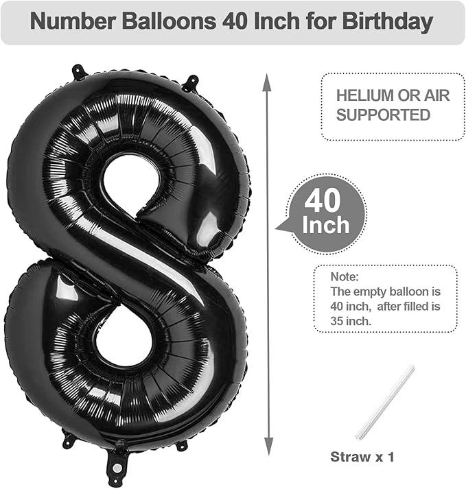 Balloon 8 Numbers, 40 Inch Black Large Ballon for Women And Men, Balloons Decoration for Happy 8 18 28 80 Birthday, Wedding Anniversary, Christmas, New Year, Halloween Party Decoration