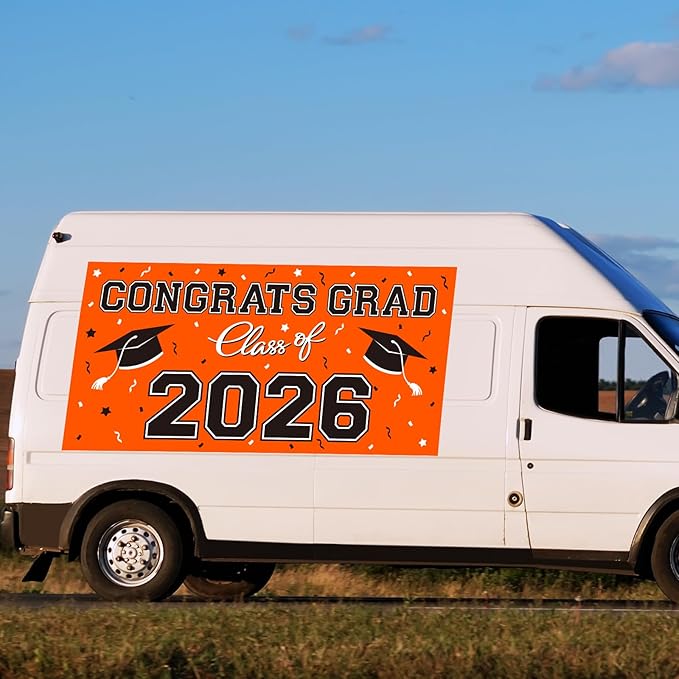 2026 Graduation Party Plastic Backdrop - 65" x 32.7" Congrats Grad Banner in Orange, Large Class of 2026 Decorations, Photography & Grad Party Supplies
