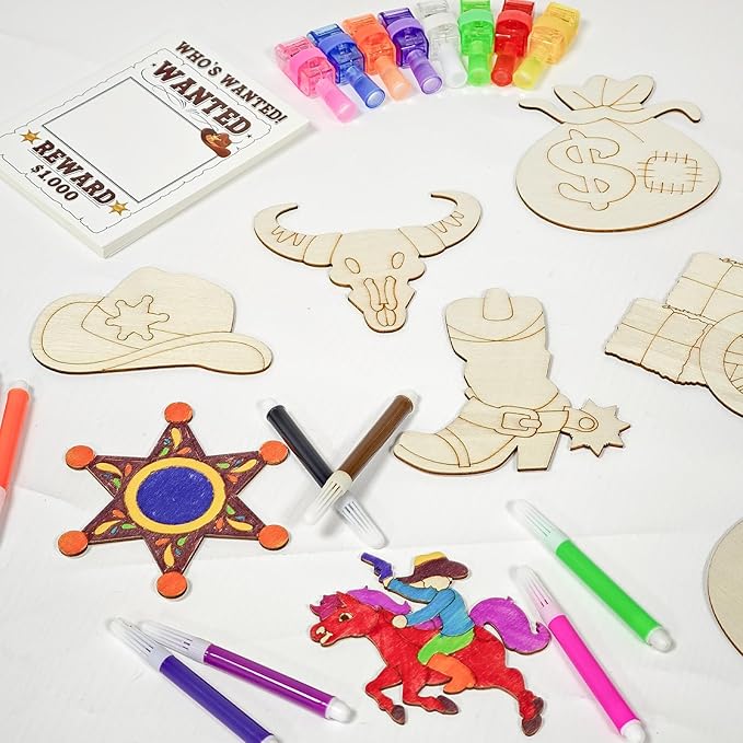 Cinrobiye 144 Pcs Western Cowboy Party Favors Wild West Wooden Painting Kit Rodeo Barn Cowgirl Party Supplies Birthday Goodie Bag Fillers, Prize Bulk Set (Western)