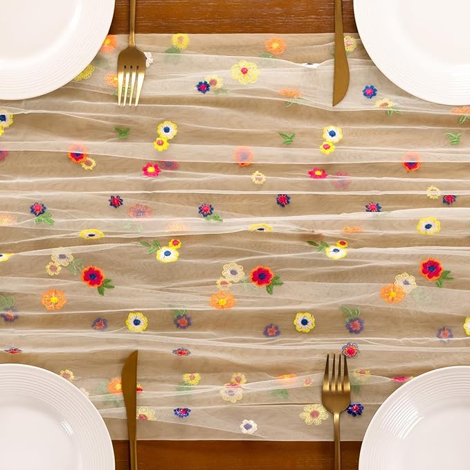 Socomi Champagne Embroidery Daisy Spring Easter Floral Wildflower Tulle Gauze CheeseclothTable Runners for Wedding Party Baby Shower Birthday Holiday Picnic Home Decor 1pc