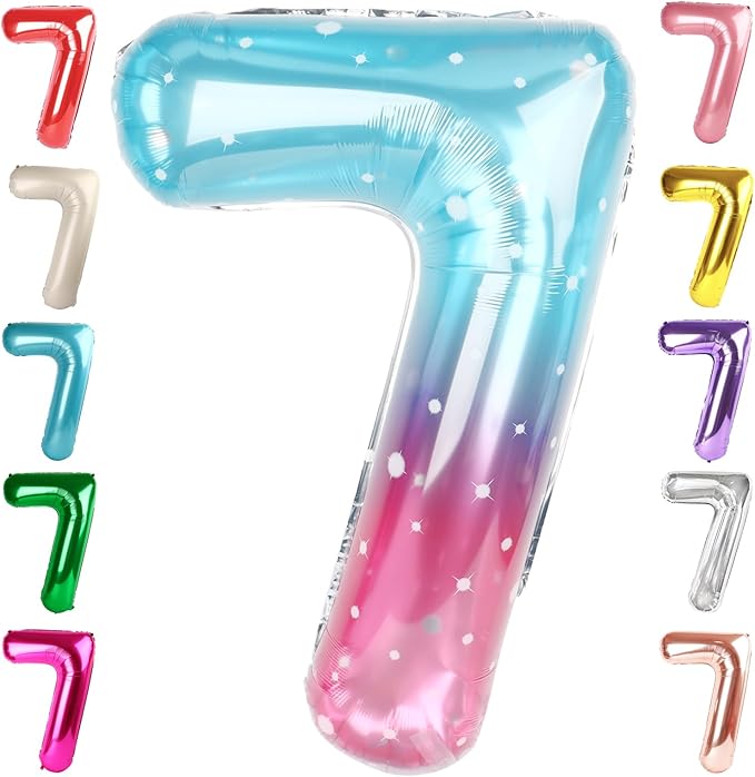 40 Inch Number 7 Balloon, Pink Purple Blue Seven Birthday Decor, 7 17 27 70 Year Old Balloon Number for Engagement, Wedding, Graduations