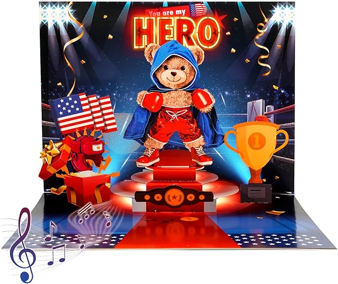 Birthday Cards with Music & Lights, 3D Pop Up Boxing Bear Hero Greeting Card, Unique Birthday Gift For Dad, Son, Father, Kids, Includes Envelope & Message Card