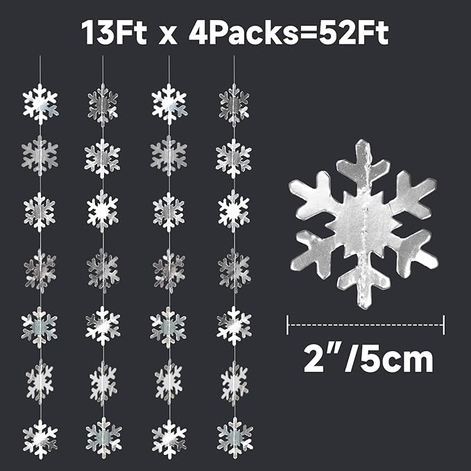 GCQQ Snowflake Garlands - 52Ft Silver Christmas Snowflake Hanging Garland 2" Winter Wonderland Paper Garland for Classroom Wall Office New Year Xmas Tree Frozen Christmas Birthday Party Decoration