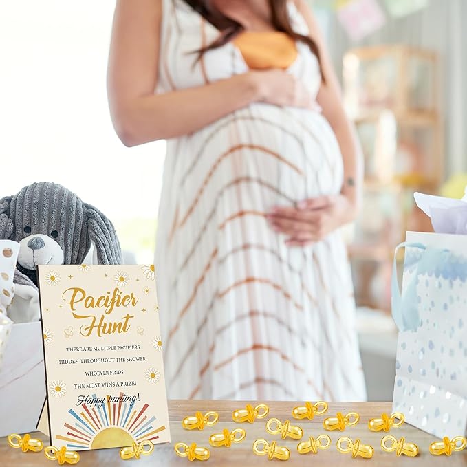Thyle 51 Pcs Here Comes The Son Pacifier Hunt Baby Shower Games Boho Sun Decorations Include Hunt Sign and 50 Acrylic Pacifiers for Baby Shower Game Decoration Gift Sets Gender Reveal Party Decor