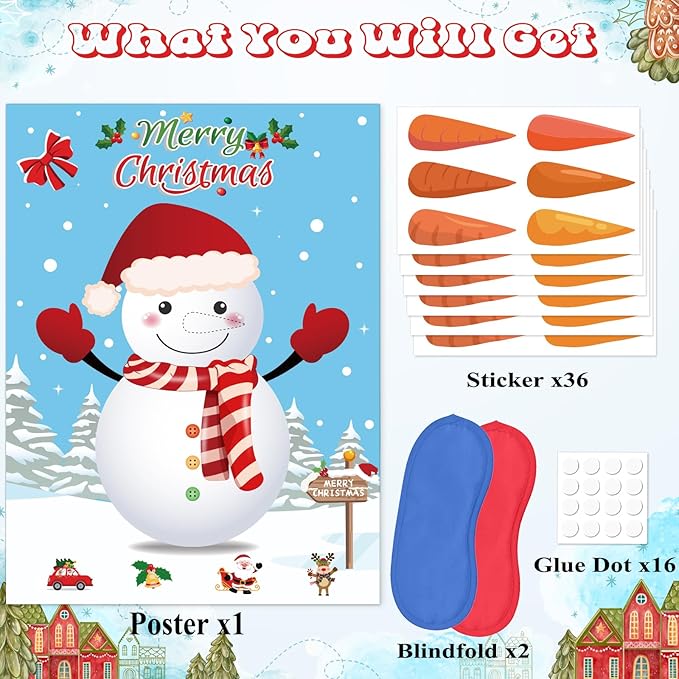 WNINK Pin The Nose on The Snowman Game, Christmas Games, Christmas Party Activities with 36 pcs Nose Stickers and Blindfold for Kids, Adults, Family Holiday Fun