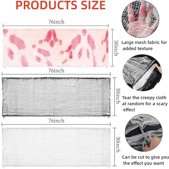 Halloween Creepy Cloth - 8 Pack (3 Black/3 White/2 Red)- 76x30 Inch Cotton Gauze Fabric - DIY Spooky Decor for Haunted House,Spider Web,Ghost - Indoor Outdoor Halloween Party Decorations