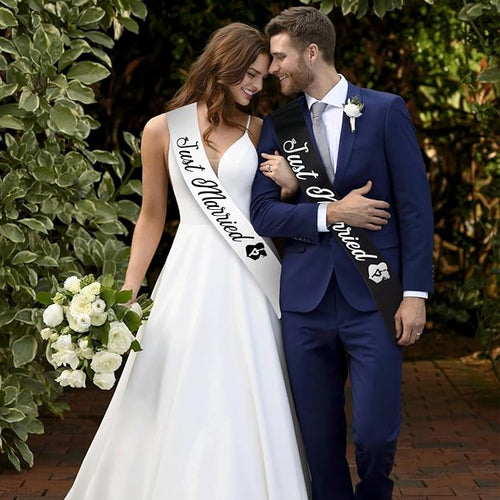 "Just Married - 2 Pcs Bride to Be Sash and Groom to Be Sash Kit, Black White Bachelorette & Bachelor Party Sashes for Wedding Bridal Shower Decorations Engagement Gifts