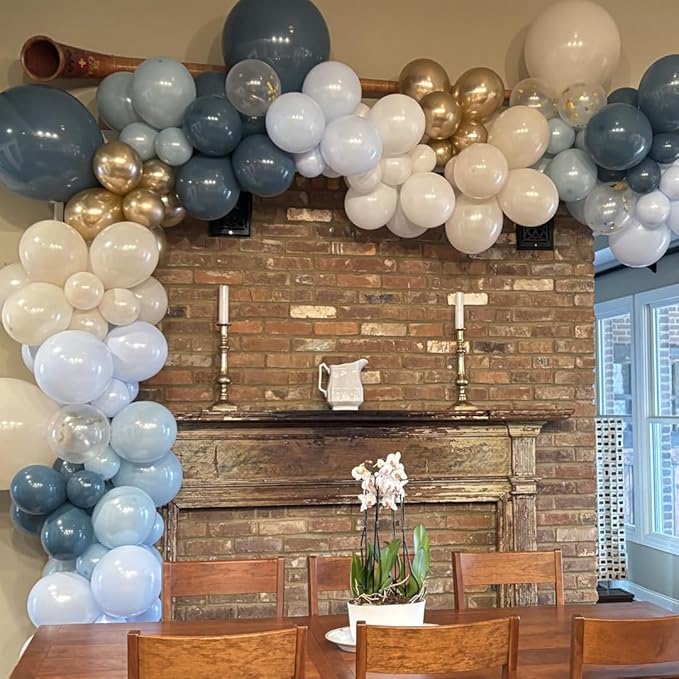 Dusty Blue and Gold Party Balloons, 50pcs 12 Inch Dusty Blue Balloons Sand White Champagne Gold Latex Balloon for Adult Party Anniversary Wedding Bridel Party Decorations