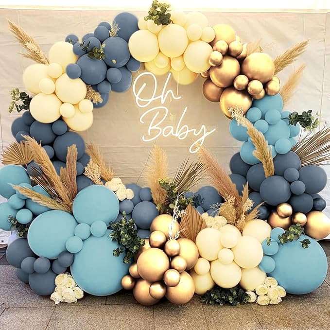Dusty Blue Yellow Gold Balloon Garland Arch Kit, 160Pcs Boho Retro Blue Pastel Blue Macaroon Yellow Metallic Gold Balloons for Baby Shower Birthday Wedding Party Decoration