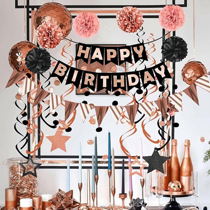 Birthday Decorations, Happy Birthday Banner with Honeycomb Balls, Stars Hanging Swirl Streamers, Buntings Circle Dots Garland, Party Decorations for Women Men Boys Girls (Rose Gold & Black)