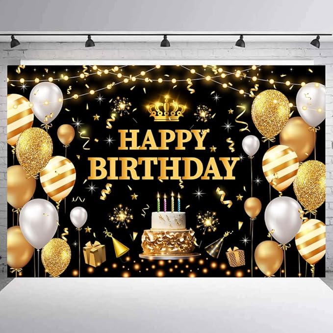 YinQin 180x120 cm Glitter Black Golden Happy Birthday Party Photo Backdrops Cloth 71x47 inch Bday Photography Backgrounds Shiny Black Gold Happy Birthday Sign Banner Decorations for Women Men