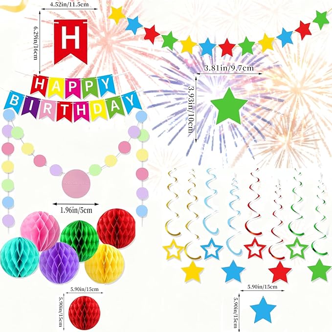 Colorful Rainbow Birthday Party Decorations Kit with Honeycomb Balls, Rainbow Stars Hanging Swirl Streamers, Circle Dots Garland, Happy Birthday Party Decorations for Women Men Boys Girls