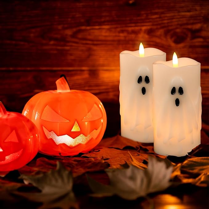 Halloween Ghost Flameless Pillar Candles with Remote Timer, Battery Operated LED Candles for Halloween Decorations Indoor Halloween Home Decor Gifts (2 Pack, 3” x 6.5”)