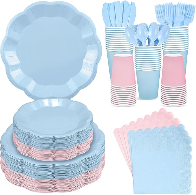 350 Pcs Baby Gender Reveal Party Supplies Include Scalloped Plate Napkin Cup Forks Knives, Light Pink and Light Blue Plastic Cutlery 50 Guest Disposable Party Tableware Set for Baby Shower