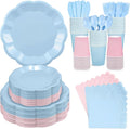 350 Pcs Baby Gender Reveal Party Supplies Include Scalloped Plate Napkin Cup Forks Knives, Light Pink and Light Blue Plastic Cutlery 50 Guest Disposable Party Tableware Set for Baby Shower