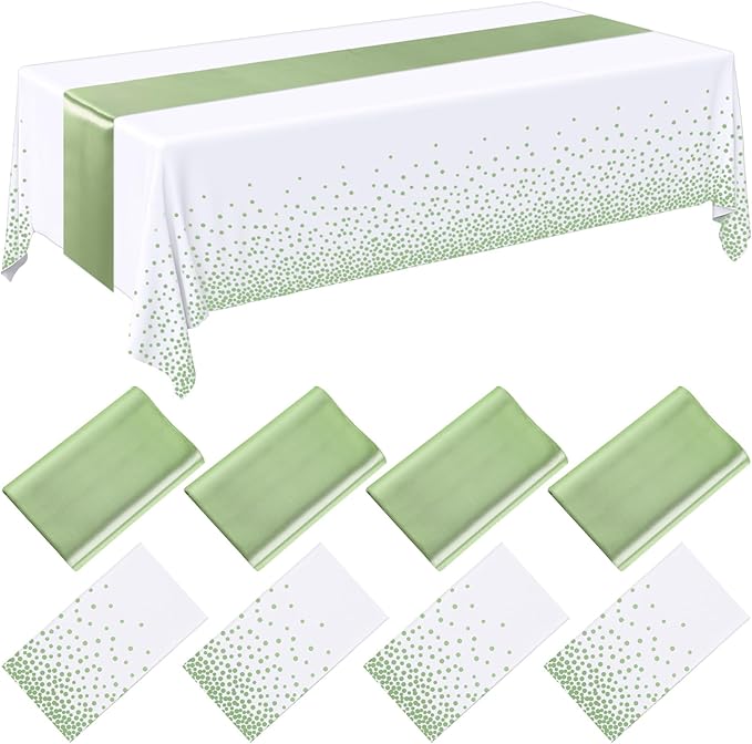 Breling 8 Pack White and Sage Green Disposable Plastic Tablecloths and Satin Table Runner Set, 54 x 108 Inch Tablecloth, 12 x 108 Inch Table Runners for Wedding Graduation Birthday Baby Shower