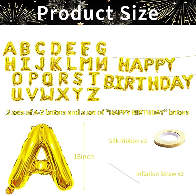 65 Pcs 16 Inches Happy Birthday and 2 Sets A-Z Letter Balloons, DIY Custom Alphabet Mylar Balloons Banner Sign for BDay, Graduation Halloween Thanksgiving Christmas Party Decorations (Gold)