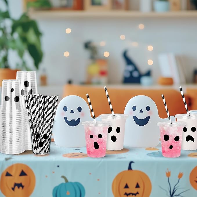 Whaline 60Pcs 12Oz Halloween Disposable Plastic Cups with Lids and Straws Black Spooky Ghost Cold Beverage Drinking Cups for Trick or Treat Birthday Party Supplies
