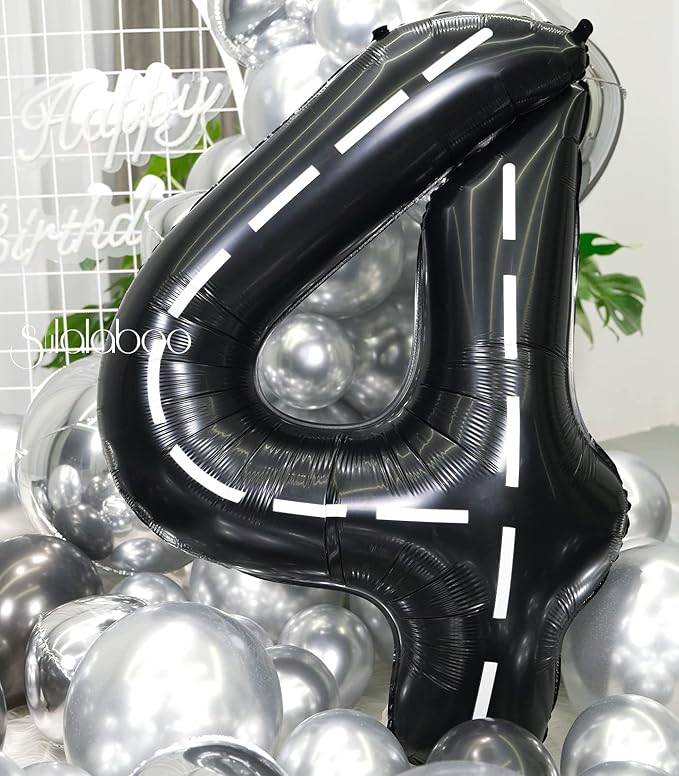 Race Car 40Inch Black 4 Balloon Number Large Helium Race Track 0-9 Giant Digital 4th Foil Mylar Big Party Number Balloons for Boy Birthday Car Theme Party Anniversary Graduation Decorations
