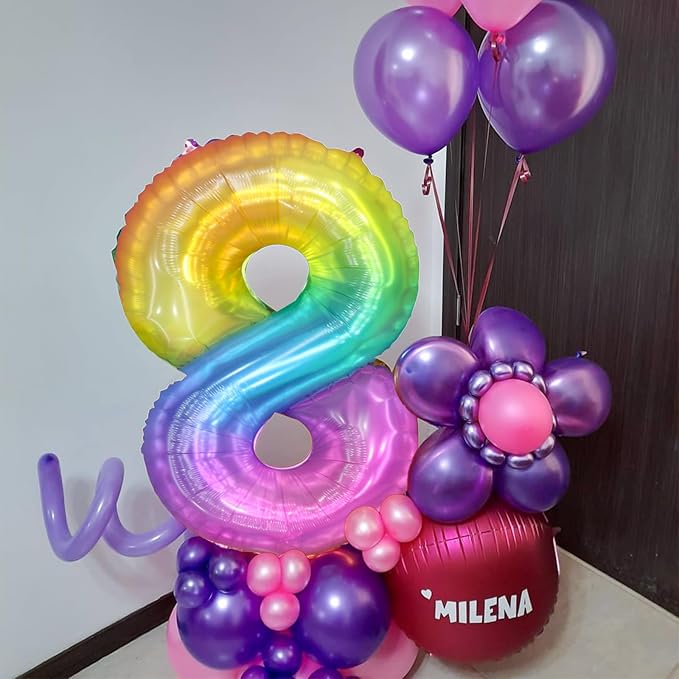 Rainbow Number 8 Balloon, 40 Inch Large Number Foil Mylar Balloons for 8th Girl Boy Birthday Party Celebration Decorations Supplies, Digital Balloons for Wedding Anniversary Events Decora