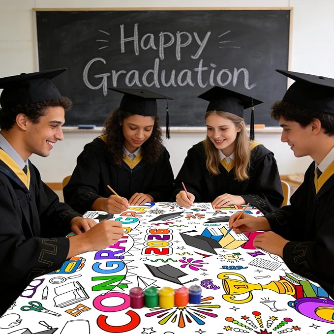 Graduatio Giant Coloring Poster,30x72 Inch Graduation Drawing Coloring Tablecloth DIY for Kids Preschool Graduation Activities Home Classroom Party Suppiles Large Congrats Card Coloring Table Cover