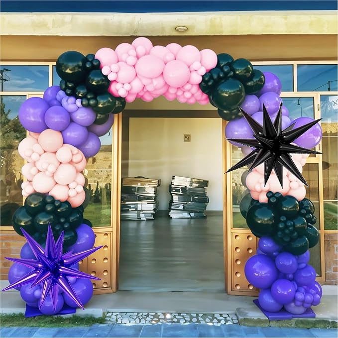 Pink and Purple Balloon Arch Garland Kit, Black Macaron Metallic Purple Pink Birthday Balloons, Star Foil Balloons for Princess Girl Theme Birthday Decorations Baby Shower Party Backdrop