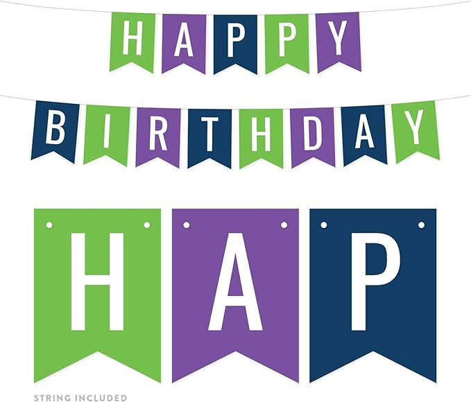 Andaz Press Hanging Pennant Banner Party Decorations, Kiwi Green, Purple, Navy Blue, Happy Birthday, 1-Pack, Approx. 5-Feet, Mermaid Ocean Girl Party Themed Decor