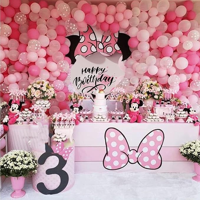 Pink Mouse Balloon Garland Arch, 136Pcs Pink Rose Polka Dots Balloon for Mouse Theme Birthday Girl Baby Shower Decoration
