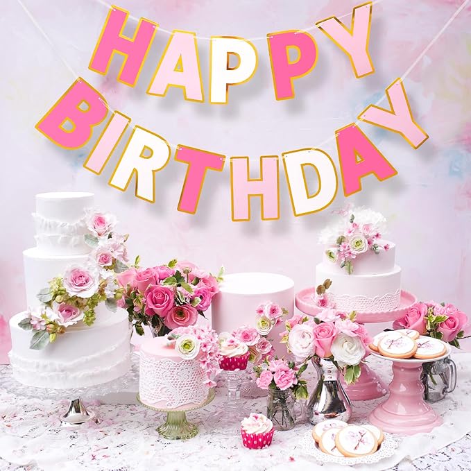 Happy Birthday Banner - 9ft Pre-Strung Happy Birthday Sign for Women, Men, Girls, Boys - No DIY Birthday Decorations & Party Supplies(Roseo Pink)