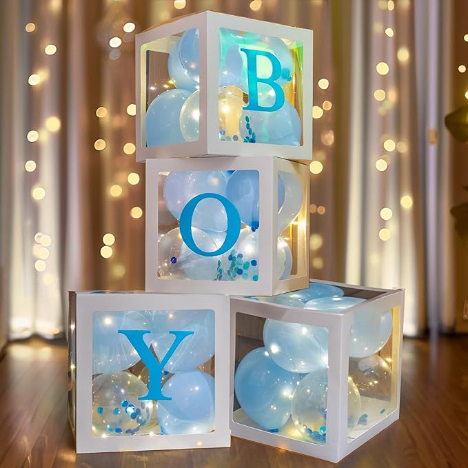 Uptotop Baby Shower Decorations Clear Balloon Blocks with Fairy String Lights, 4 Pack Transparent Balloon Boxes Including 30 Letters, 4 Warm White Fairy Lights & 36 Latex Balloons, Blue