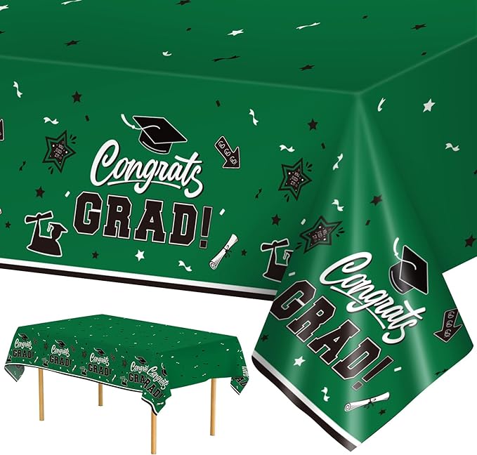 2 Pack Green Graduation Tablecloth - Congrats Grad Table Cloths, Plastic Disposable Rectangle Class of 2026 Table Cover for Graduation Tables Decorations Party Decor Supplies Favors,108 x 54 Inch