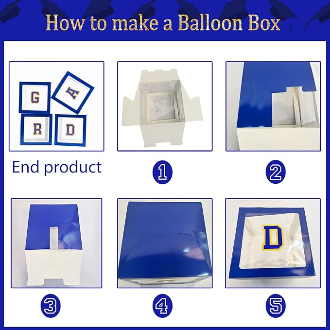Blue and gold Graduation Decorations 2026 Set of 4 GRAD Balloon Boxes with Balloon Arch Garland Kit mylar balloons and shimmer Fringe Curtains So Proud of You 2026 prom Graduation Decorations